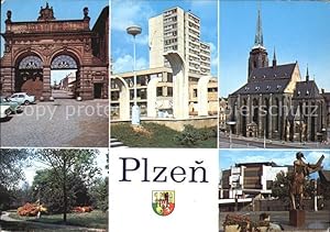 Bild des Verkufers fr Postkarte Carte Postale Plzen Pilsen Brana pivovaru Prazdroj Areal ucnovskych skol Kostel sv Bartolomeje Park na namesti Mitu Pohled k Domu kultury zum Verkauf von Versandhandel Boeger