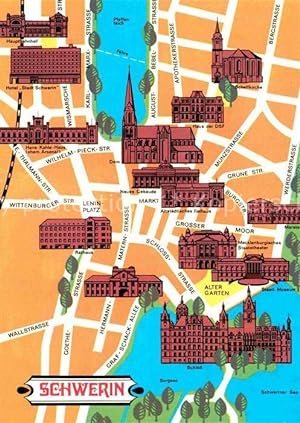Postkarte Carte Postale Schwerin Mecklenburg Stadtplan mit Bauwerken und Sehenswürdigkeiten
