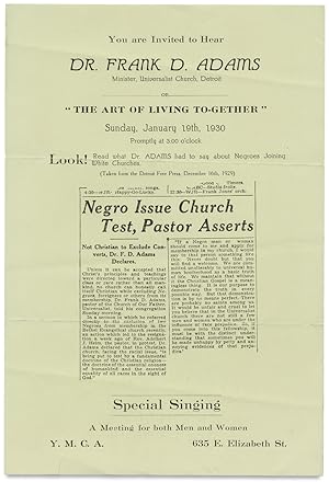 [Racial Harmony in 1930:] You are Invited to Hear Dr. Frank D. Adams Minister, Universalist Churc...