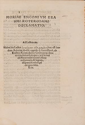 Image du vendeur pour Moriae Encomium. Erasmi Roterodami declamatio. [In Praise of Folly]. mis en vente par Shapero Rare Books