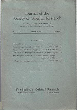 Seller image for Journal of the Society of Oriental research. March 1917, Volume 1, number 1. for sale by Antiquariat Carl Wegner