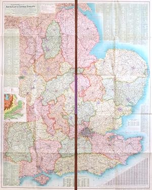 Seller image for Richardson's Map of South East & Central England. Comprising the Counties of Derby, Nottingham, Lincoln, Leicester, Rutland, Warwick, Northampton, Huntingdon, Cambridge, Norfolk, Suffolk, Bedford, Oxford, Buckingham, Hertford, Essex, Middlesex, London, Berkshire, Wiltshire, Hampshire, Surrey, Sussex & Kent. Showing Boroughs in Separate Colours, Railways, Roads, & Golf Links for sale by Bow Windows Bookshop (ABA, ILAB)