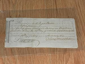 Seller image for Original 1796 Receipt to Mr. Russell Budds for the Sum of Fifteen Pounds for Half Years Rent of His holding on Milltown Road Due to Me the 25th Day of March 1796. Dated 18th of May, 1796.Signed By Sam Middleton for sale by Dublin Bookbrowsers