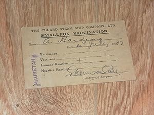 Seller image for Original Smallpox Vaccination Card A. Harding, S.S. Mauretania 4th July, 1932 for sale by Dublin Bookbrowsers
