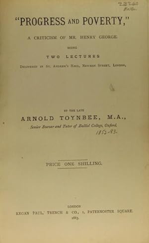 Seller image for Progress and poverty, a criticism of Mr. Henry George. Being two lectures delivered in St. Andrew's Hall, Newman Street, London for sale by Rulon-Miller Books (ABAA / ILAB)