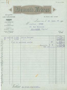 Receipt from Demuth Freres (15 Rue de Lyon, Paris) for M. Query (21 Rue Raymonde, Villejuif), 18 ...