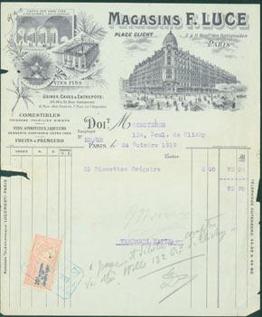 Receipt from Leon Dufour, Magasins F. Luce (5 a 11 Boulevard Batignolles, Paris) 24 Oct., 1919.
