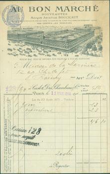 Au Bon Marche Nouveautes Maison Aristide Boucicaut. Receipt from Plassard, Morin, Fillot & Cie. (...