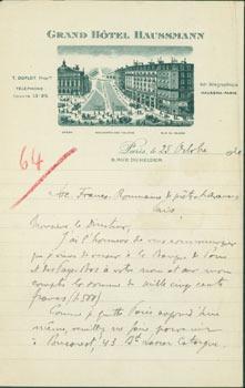 ALS from Stefan C. [Theprites] at Grand Hotel Haussmann (6 Rue du Helder, Paris), 25 October 1920.