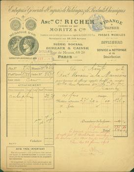 Receipt from Mortiz & Cie (68-70 Rue de Meaux, Paris). to M. de la Marmiere, 5 August, 1912.