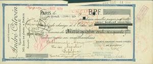 Bank Cheque from Societe Anonyme Andre Citroen (143 Quai de Javel, Paris). 14 Mar., 1934.