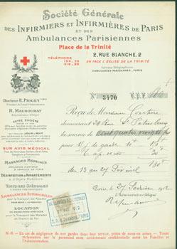Receipt from Societe Generale Des Infirmiers et Infirmieres de Paris et des Ambulances Parisienne...