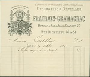 Receipt from Frainais-Gramagnac, Normand Pere (82 & 84 Rue Richelieu, Paris) to M. Castelbon, 29 ...