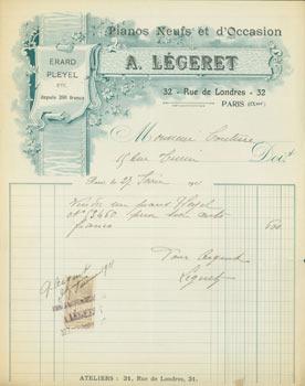 Receipt from A. Legeret (32 Rue de Londres, Paris) to M. Couture (9 Rue Commandant Marchand, Pari...