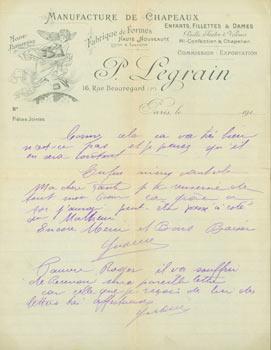 ALS from P. Legrain (16 Rue Beauregard, Paris), Feb. 27, 1918.