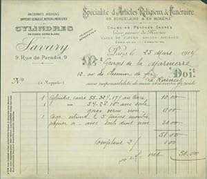 Image du vendeur pour Receipt from Savary (9 Rue de Paradis, Paris) to M. Georges de la Marmiere, 25 March, 1914. mis en vente par Wittenborn Art Books