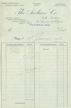 Receipt from The Aeolian Co. (32 Avenue de L'Opera, Paris). 17 Jan., 1912.