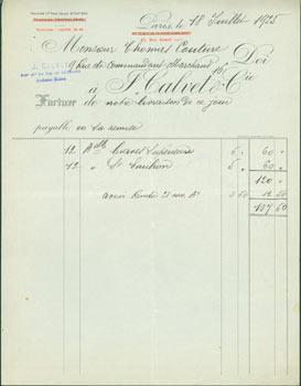Receipt for wine purchased from J. Calvet & Cie (13 Rue Auber, Paris) to M. Thomas Couture (9 Rue...