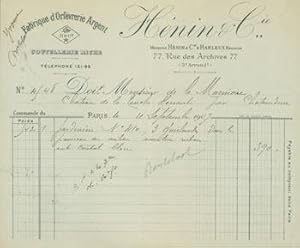 Receipt from Henin & Cie (77 Rue des Archives, Paris) to M. de la Marmiere, 11 September, 1907.