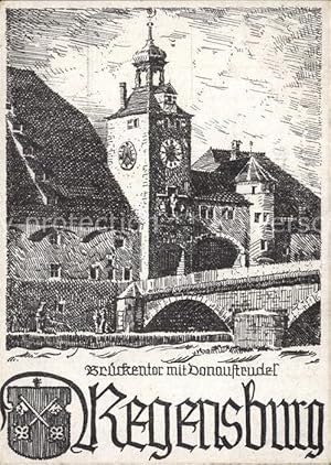 Bild des Verkufers fr Postkarte Carte Postale 42325623 Regensburg Brueckentor und Donaustrudel Wappen Zeichnung Kuenstlerkarte zum Verkauf von Versandhandel Boeger