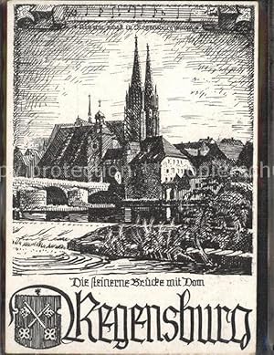 Bild des Verkufers fr Postkarte Carte Postale 42325626 Regensburg Steinerne Bruecke mit Dom St Peter Wappen Noten Zeichnung Ku zum Verkauf von Versandhandel Boeger
