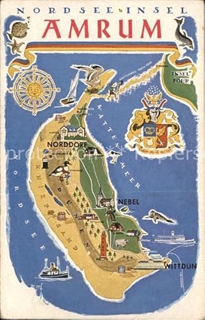 Bild des Verkufers fr Postkarte Carte Postale 41592643 Amrum Nordsee Insel Zeichnung Wappen Landkarte Nebel zum Verkauf von Versandhandel Boeger