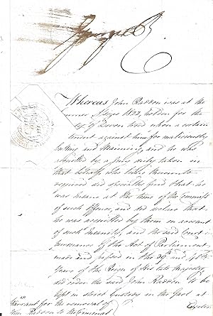 Image du vendeur pour [George IV and Home Secretary and future Prime Minister Sir Robert Peel.] Autograph Signatures of the King ('George R.') and Peel ('R Peel') to 'Warrant for the removal of John Raddon to the Criminal Lunatic Asylum in St Georges Fields'. mis en vente par Richard M. Ford Ltd