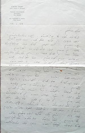 [MODERN TURKISH ARCHITECTURE] [Autograph letter signed Emin Onat].