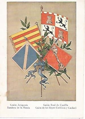 Imagen del vendedor de LAMINA 13764: Guin Aragones, Guion Real de Castilla, Guion de los Reyes Catolicos y Bandera de la Banda a la venta por EL BOLETIN