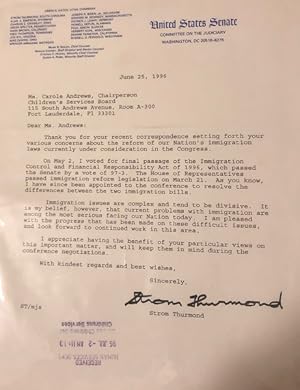 Senator Strom Thurmond (SC) 1996 Typed Letter Signed RE: IMMIGRATION CONTROL