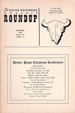 Bild des Verkufers fr The Denver Westerners' Monthly Roundup: November 1965, Vol XXI, No. 11 zum Verkauf von Clausen Books, RMABA