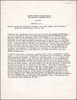 Bild des Verkufers fr The Whitney Museum Presents Why Not (A Serenade of Eschatological Ecology) : A Feature Length Film by Arakawa zum Verkauf von Specific Object / David Platzker