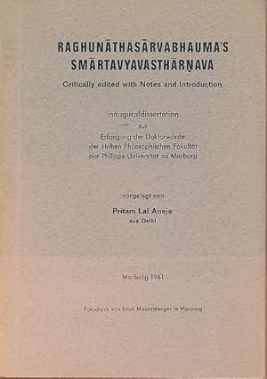 Bild des Verkufers fr Raghuna thasa rvabhauma's Sma rtavyavastha rnava. Critically edited with notes and introduction zum Verkauf von Fundus-Online GbR Borkert Schwarz Zerfa