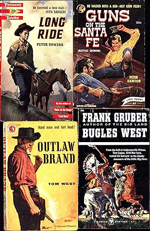 Bild des Verkufers fr Long Ride / He traveled a lone trail -- Into Danger!, AND A SECOND BOOK, Outlaw Brand / Hard men and hot lead!, AND A THIRD BOOK, Bugles West / From the hell of Andersonville Prison, Tom Logan, Civil War Hero, trailed his betrayer to the bloody massacre at the Little Big Horn, AND A FOURTH PAPERBACK WESTERN, Guns On the Santa Fe (Royal Gorge) / He Waded Into a Red-Hot Gun Feud! zum Verkauf von Cat's Curiosities