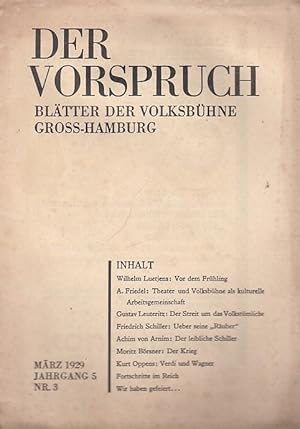 Bild des Verkufers fr Der Vorspruch. Nummer 3, 1929 ( Mrz ), Jahrgang 5. Bltter der Volks - Bhne Gro - Hamburg. zum Verkauf von Antiquariat Carl Wegner