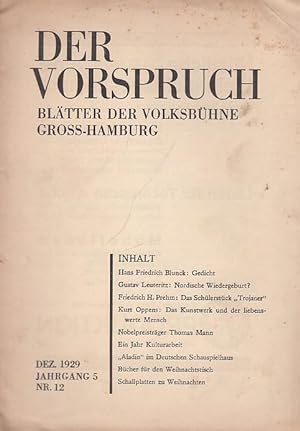 Bild des Verkufers fr Der Vorspruch. Nummer 12, 1929 ( Dezember ), Jahrgang 5. Bltter der Volks - Bhne Gro - Hamburg. zum Verkauf von Antiquariat Carl Wegner