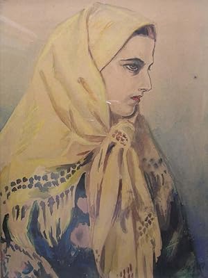 Original Aquarell, undeutlich signiert, Frau mit Kopftuch, um 1930