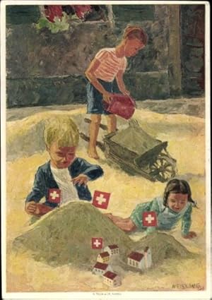 Ganzsache Künstler Ansichtskarte / Postkarte Weiskönig, Schweizer Bundesfeier 1937, spielende Kinder