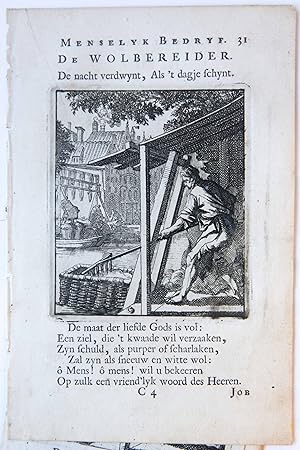 Antique print/originele prent De Wolbereider/The Wool-Dresser.