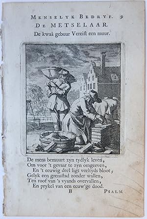 Antique print/originele prent: De Metselaar/The Bricklayer.