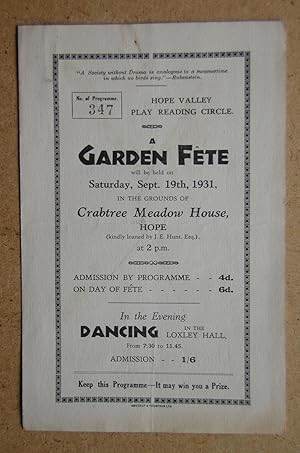 Garden Fete Programme. Sept, 19th 1931. Held in the Grounds of Crabtree Meadow House, Hope.