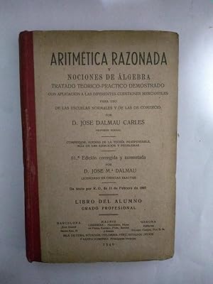 Imagen del vendedor de Aritmetica razonada y nociones de algebra a la venta por Libros Ambig