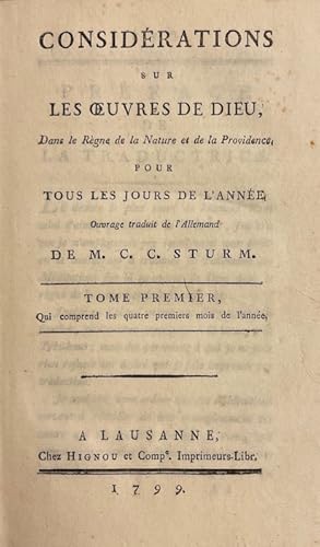 Seller image for Considrations sur les oeuvres de Dieu, dans les rgnes de la Nature et de la Providence, pour tous les jours de l'anne. for sale by Le Cabinet d'Amateur