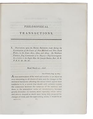 Seller image for Observations upon the Marine Barometer, made during the Examination of the Coasts of New Holland and New South Wales, in the years 1801, 1802, and 1803. Read March 27, 1806 (+) Concerning the Differences in the Magnetic Needle, on Board the Investigat. - [THE NAMING OF AUSTRALIA] for sale by Lynge & Sn ILAB-ABF