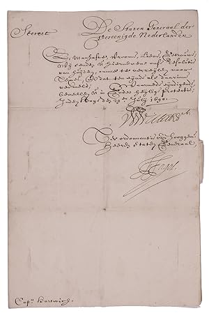 [Manuscript letter to Hans Hartwich, Capiteyn op s'landts oorlogschip Harderwijk]. The Hague, 29 ...