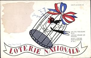 Ansichtskarte / Postkarte Loterie Nationale, Vogel im Käfig, blau weiß rot, Lotterie