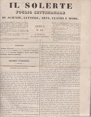 IL SOLERTE, foglio setimanale di scienze, lettere, arti, teatri e mode, numero 12 del 22 settembr...