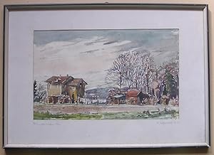 Original Aquarell von H.Löffelholz 1963, Wäsche vorm Bauernhof