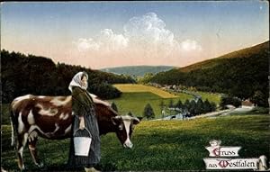 Ansichtskarte / Postkarte Heimatbilder aus Westfalen, Frau, Kuh, Landschaft