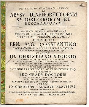 Seller image for Medizinische Inaugural-Dissertation. De abusu diaphoreticorum sudoriferorum et bezoardicorum. for sale by Wissenschaftliches Antiquariat Kln Dr. Sebastian Peters UG